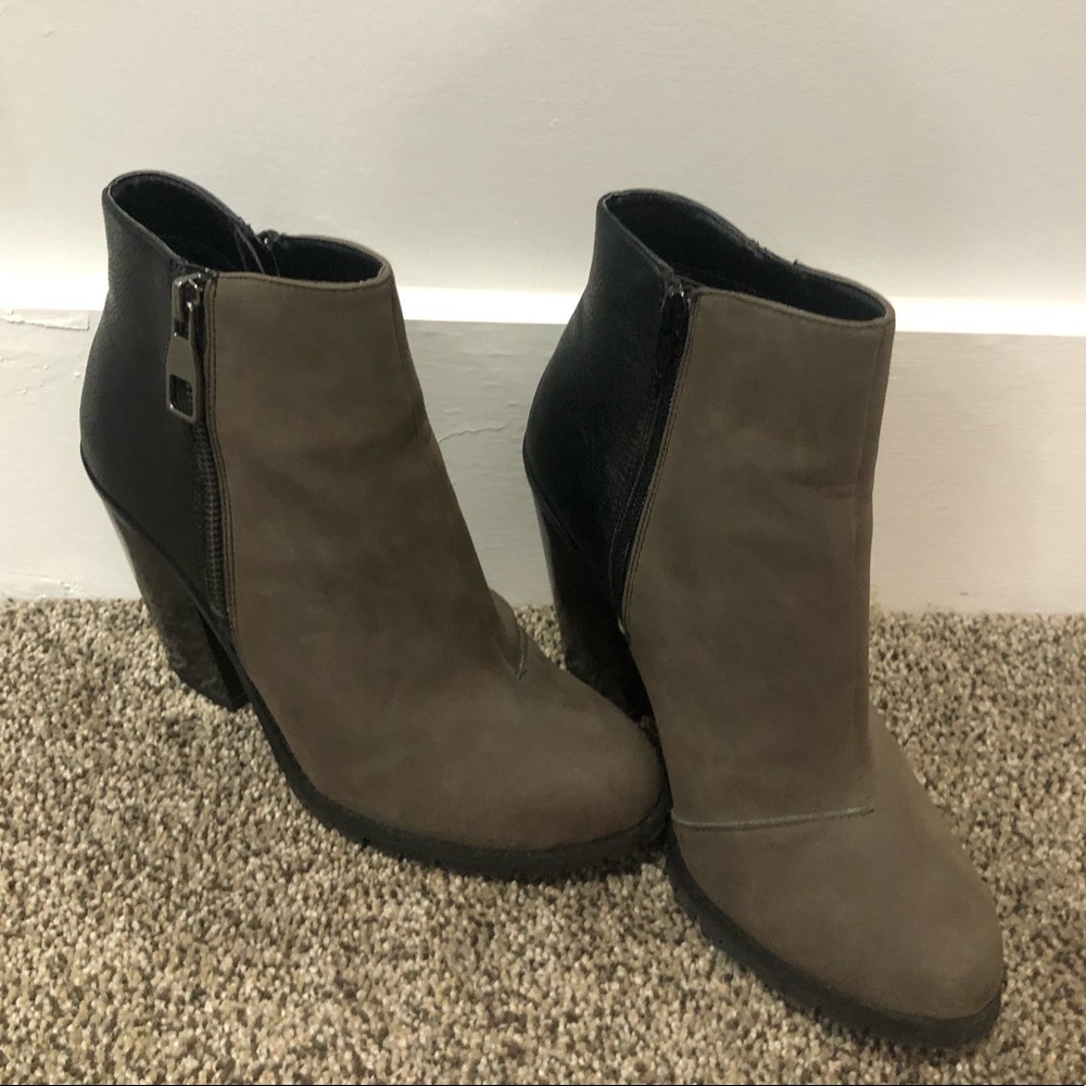 brown suede and black booties